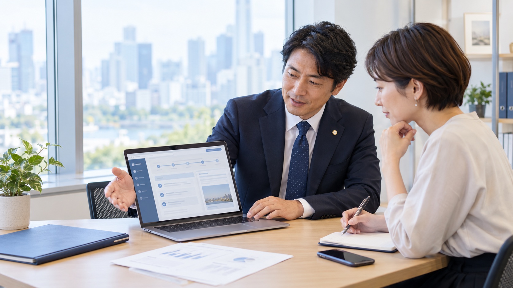 明るいオフィスで、行政書士と相談者がノートパソコンを見ながら話している相談場面のイメージ。